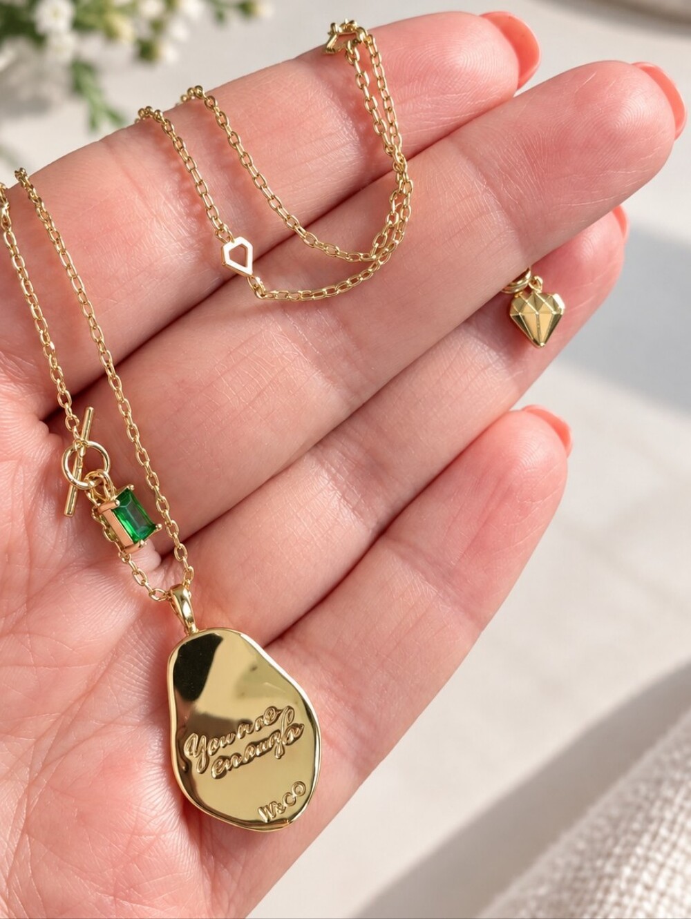 Wanderlust & Co: "You Are Enough" & "Breathe" Pendant Necklace with Green Stone